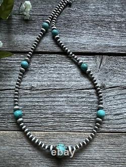 Southwestern Sterling Silver Turquoise 4mm Pearls Bead Necklace. 24 Inch. Gift