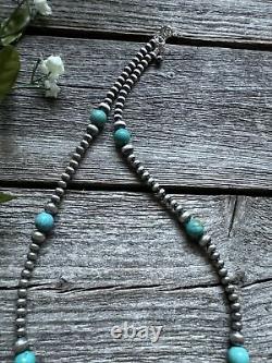 Southwestern Sterling Silver Turquoise 4mm Pearls Bead Necklace. 24 Inch. Gift