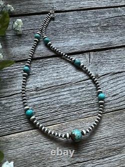 Southwestern Sterling Silver Turquoise 4mm Pearls Bead Necklace. 24 Inch. Gift