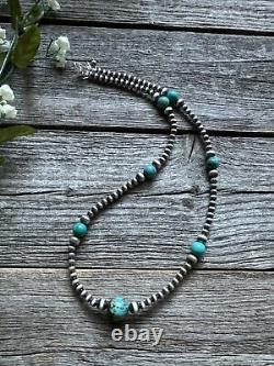 Southwestern Sterling Silver Turquoise 4mm Pearls Bead Necklace. 24 Inch. Gift