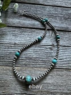 Southwestern Sterling Silver Turquoise 4mm Pearls Bead Necklace. 24 Inch. Gift