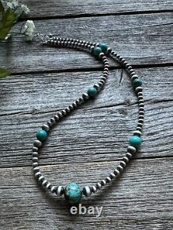 Southwestern Sterling Silver Turquoise 4mm Pearls Bead Necklace. 24 Inch. Gift