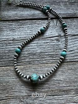 Southwestern Sterling Silver Turquoise 4mm Pearls Bead Necklace. 24 Inch. Gift