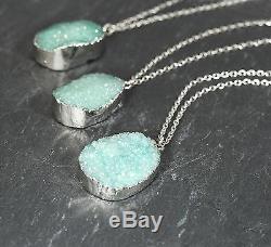 Sparkly Turquoise Quartz Crystal Druzy Stone Necklace-Boho Silver-Gift Jewellery