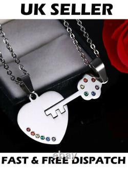 Stainless Steel Rainbow Heart & Key Couple Necklaces PRIDE LGBT Gay Lesbian Gift