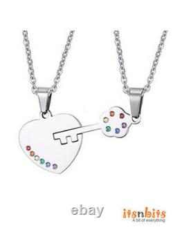 Stainless Steel Rainbow Heart & Key Couple Necklaces PRIDE LGBT Gay Lesbian Gift