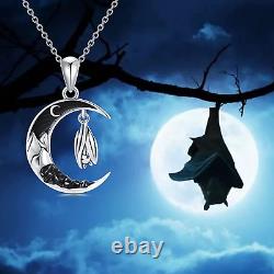 Sterling Silver Bat Black Moon Crescent Pendant Necklace Gothic Jewelry Gift 20
