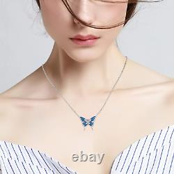 Sterling Silver Blue Butterfly Pendant Necklace with Cubic Zirconia Jewelry Gift