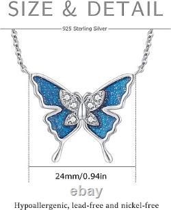 Sterling Silver Blue Butterfly Pendant Necklace with Cubic Zirconia Jewelry Gift
