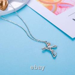 Sterling Silver CZ Rose Flower Cross Pendant Necklace Jewelry Gift For Women 18