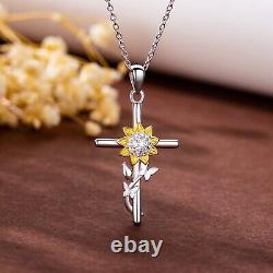 Sterling Silver CZ Sunflower Cross Pendant Necklace Jewelry Gifts For Women 18