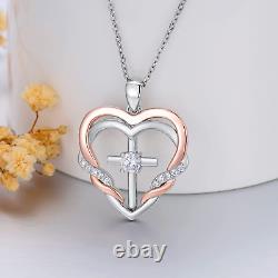 Sterling Silver Double Heart Cross Pendant Necklace Cross Jewelry Gift for Women