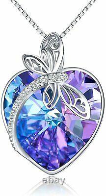 Sterling Silver Dragonfly Purple Heart Crystal Pendant Necklace Jewelry Gift 20