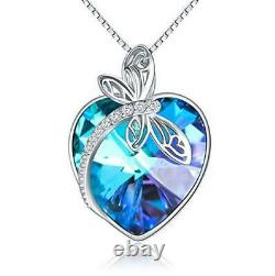 Sterling Silver Dragonfly Purple Heart Crystal Pendant Necklace Jewelry Gift 20