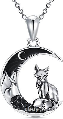 Sterling Silver Fox Black Moon Crescent Pendant Necklace Gothic Jewelry Gift 20