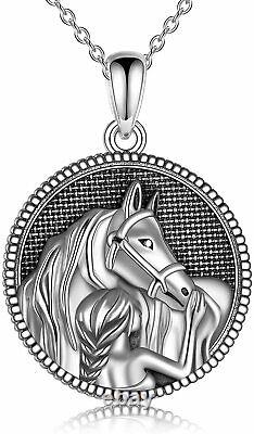 Sterling Silver Horse and Girl Round Pendant Necklace Jewelry Gift For Women 20