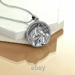 Sterling Silver Horse and Girl Round Pendant Necklace Jewelry Gift For Women 20