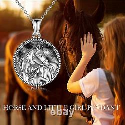 Sterling Silver Horse and Girl Round Pendant Necklace Jewelry Gift For Women 20