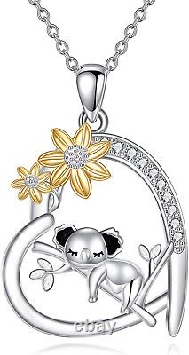 Sterling Silver Koala on Tree Branch Heart Pendant Flower Necklace Gifts Women