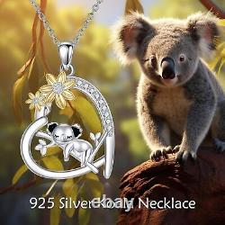 Sterling Silver Koala on Tree Branch Heart Pendant Flower Necklace Gifts Women