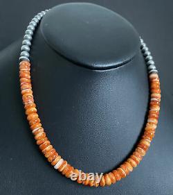 Sterling Silver Orange Spiny Oyster W Pearls Bead Necklace. 18 inch. Gift