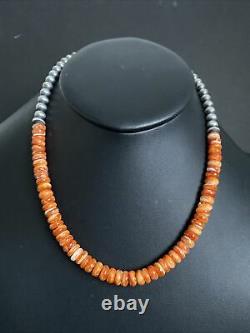 Sterling Silver Orange Spiny Oyster W Pearls Bead Necklace. 18 inch. Gift