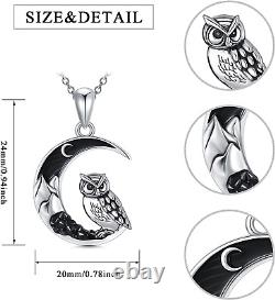 Sterling Silver Owl Black Moon Crescent Pendant Necklace Gothic Jewelry Gift 20