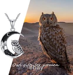 Sterling Silver Owl Black Moon Crescent Pendant Necklace Gothic Jewelry Gift 20