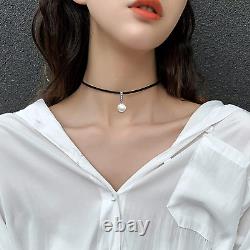 Sterling Silver Pearl Choker Necklace Leather Cord Jewelry Gift for Women 14+2