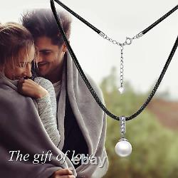 Sterling Silver Pearl Choker Necklace Leather Cord Jewelry Gift for Women 14+2