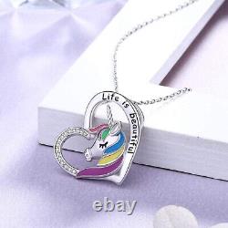 Sterling Silver Rainbow Unicorn Pendant Necklace for Girls Jewelry Gift 17+2