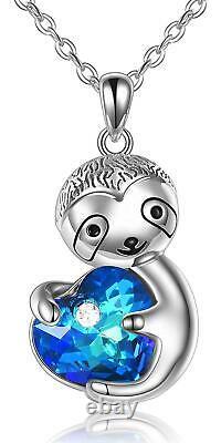 Sterling Silver Sloth Blue Heart Crystal Pendant Necklace Jewelry Gift for Women