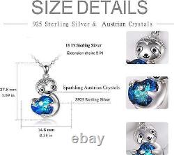 Sterling Silver Sloth Blue Heart Crystal Pendant Necklace Jewelry Gift for Women