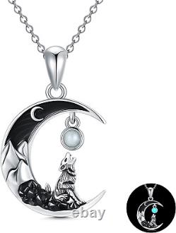 Sterling Silver Wolf with Luminous Black Moon Pendant Necklace Jewelry Gift 20
