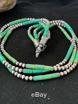 Stunning Gift SAL Navajo Tube Green Turquoise Bead Sterling Silver Necklace 3249