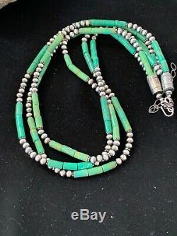 Stunning Gift SAL Navajo Tube Green Turquoise Bead Sterling Silver Necklace 3249