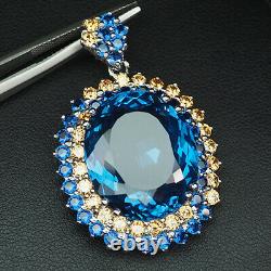 Topaz Swiss Blue Oval 33.50 Ct. Sapp 925 Sterling Silver Pendant Gift Jewelry