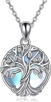 Tree of Life Necklace Sterling Silver Moonstone Pendant Good Luck Gift for Women