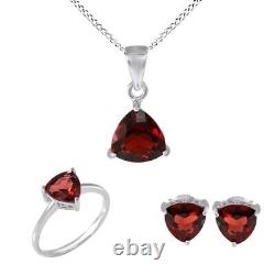 Trillion Red Garnet Ring Earring Pendant Jewelry Set Solid Silver Women Gift