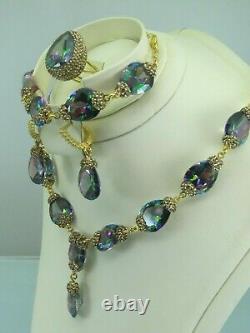 Turkish Handmade Jewelry 925 Sterling Silver Rainbow Stone Women Necklace Set