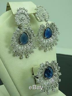 Turkish Handmade Jewelry 925 Sterling Silver Sapphire Stone Ladies' Earring Set