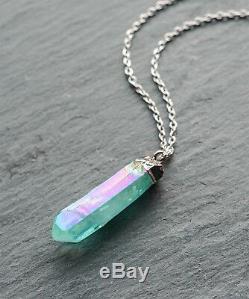 Turquoise Angel Quartz Crystal Stone Necklace-Boho Aura Silver Rainbow-Gift