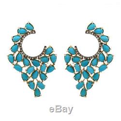 Turquoise Gemstone 925 Silver Stud Earrings 14K Gold Diamond Pave Gift Jewelry