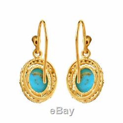 Turquoise Gemstone Diamond Pave 925 Silver Dangle Earrings 14K Gold Gift Jewelry