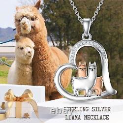 Two Alpaca Llamas Heart Pendant Necklace Gifts for Women Girls Sterling Silver
