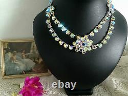 VINTAGE 1950s DOUBLE STRAND AURORA BOREALIS RHINESTONE SWAG NECKLACE BRIDAL GIFT