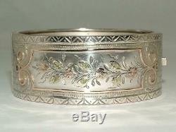 Victorian 2 Tone 9 Carat Gold On Solid Sterling Silver Hinged Bangle Bracelet