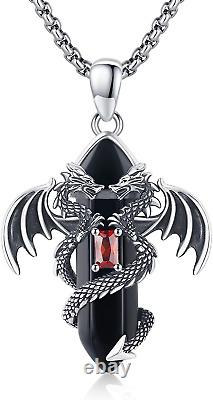 Viking Necklace Sterling Silver Black Dragon Crystal Pendant Gothic Jewelry Gift