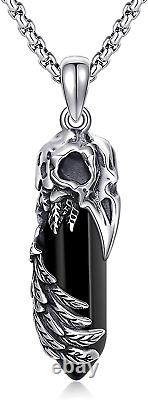 Viking Necklace Sterling Silver Black Raven Crystal Pendant Gothic Jewelry Gifts