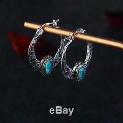 Vintage 925 Silver Women Turquoise Gem Party Dangle Drop Earrings Jewelry Gifts